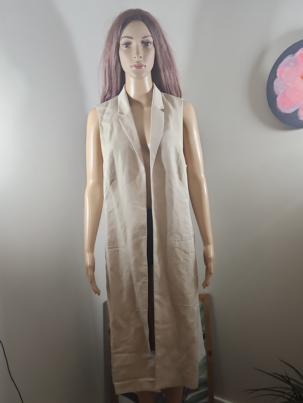Dkny Beige Linen Blend Long Duster Vest Size Medium Open Front